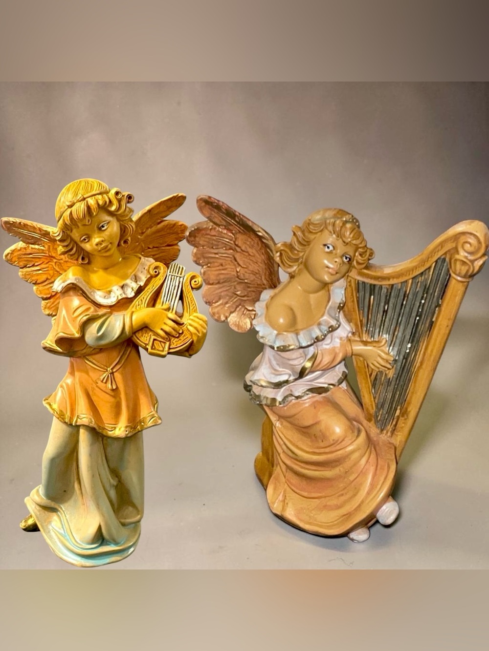 VTG 2 Fontani Cherub Wall Figures 7" Tall Angel Playing Lyre & Violin Italian